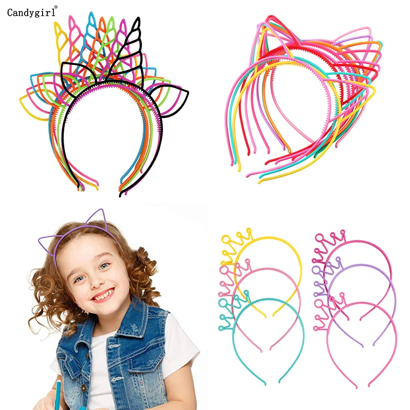 7pcs Lovely Plastic Cat Ears Headband Candy Color Unicorn Crown Hairbands Girls Kids Party Daily Decoration Hair Accessories