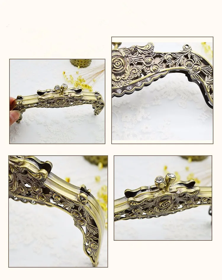 Rozmiar 16 CM 1 sztuka srebrny antyczny mosiądz Gumetal torebka metalowa rama z zapięciem kryształowym róża kwiatowy styl torebka metalowa rama