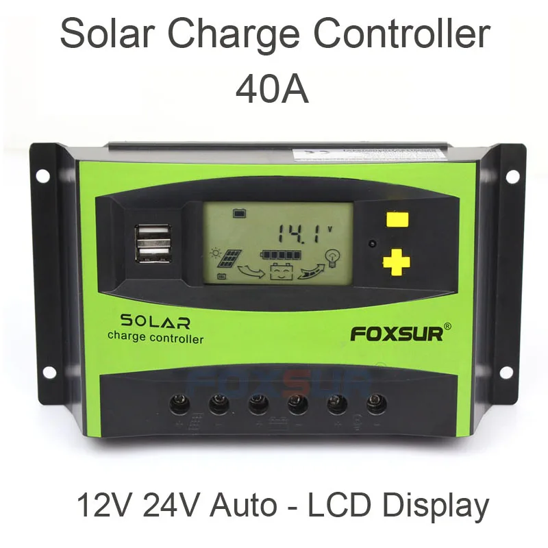 FOXSUR Solar Charge Controller 40A PWM 12V 24V Auto LCD Solar Panel Charge Discharge Regulator with 5V USB, Parameter Adjustable