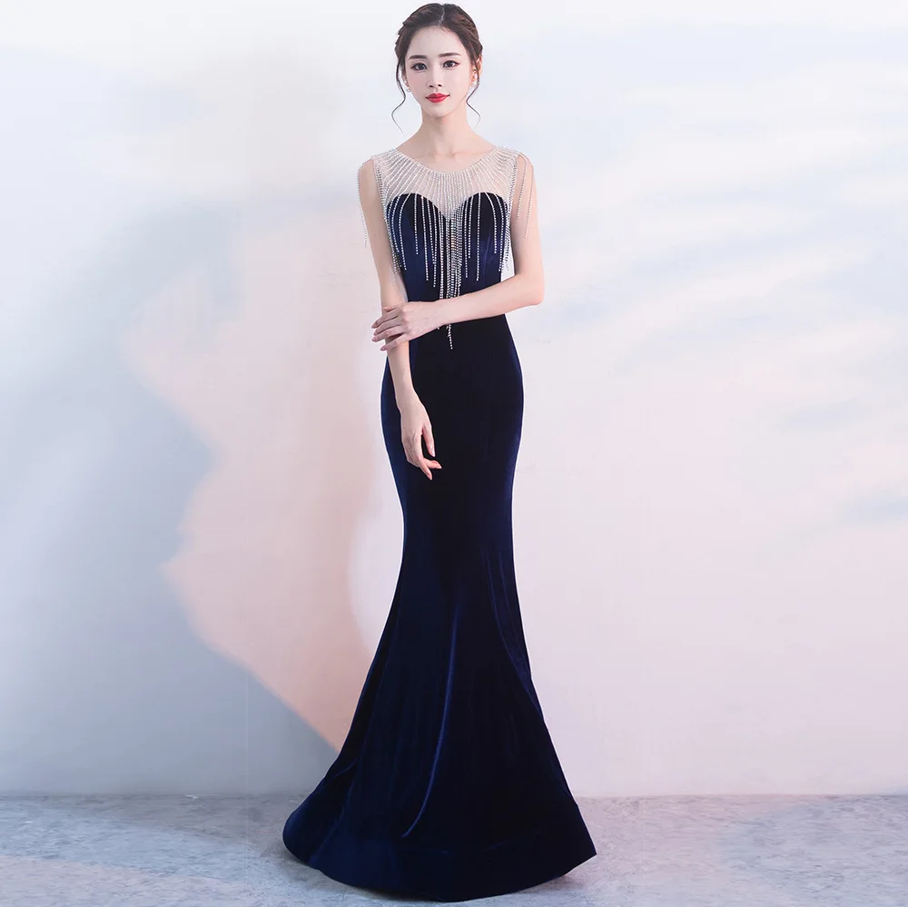 

Corzzet Sexy Velvet Rhinestone Tassel Mermaid Fishtail Dress banquet evening Party long Dress Elegant Night Club Women Vestidos