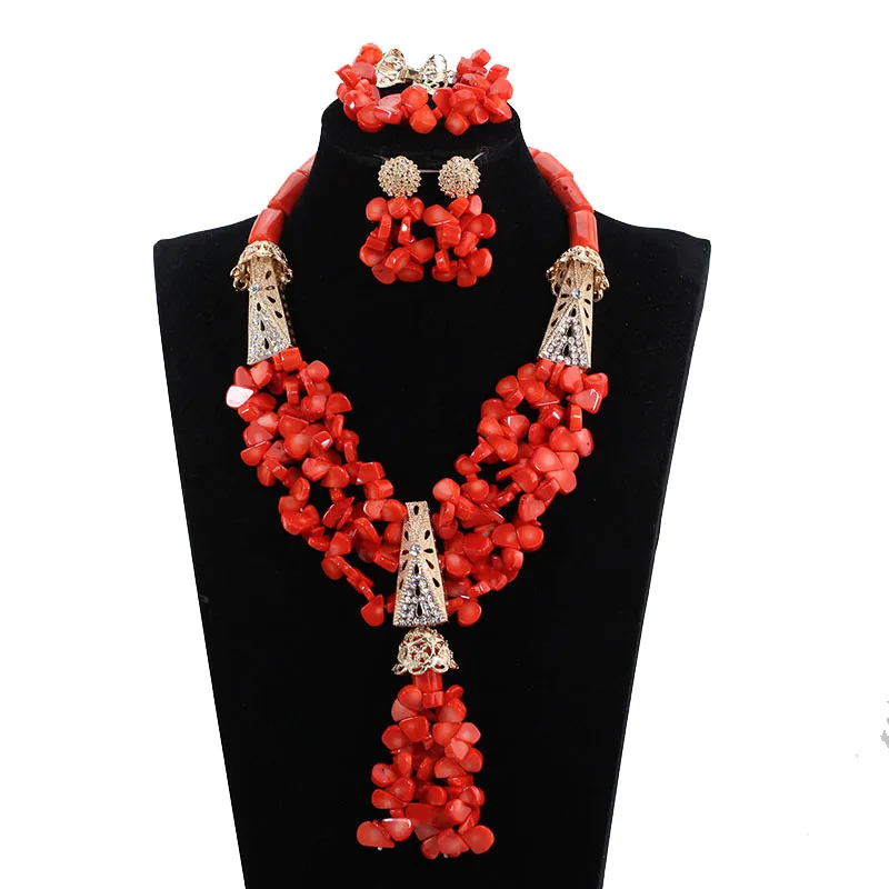 Cheap African Real Coral Latest Nigerian Wedding Coral Statement Necklace Set Bridal Jewelry Dubai Gold Beads Jewelry Set ABH671