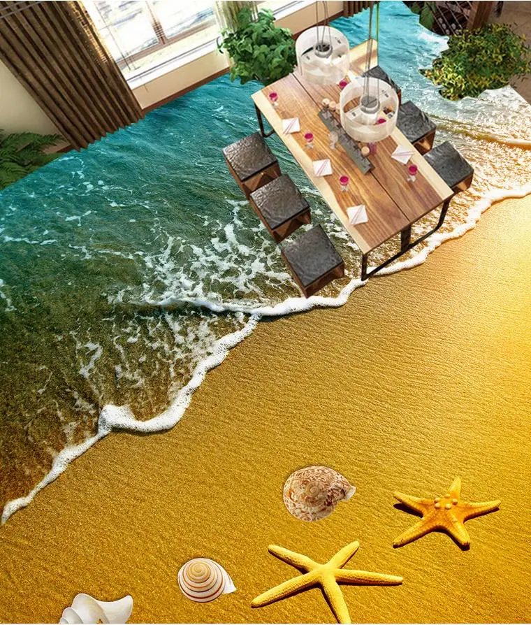 

Modern Custom 3D Floor Mural Surf Beach Starfish Dolphin 3D Flooring Non-slip Waterproof Self-adhesive PVC Wallpaper