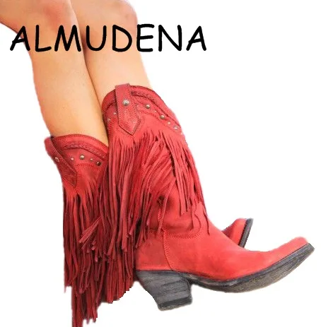 Bohemia Style Gladiator Women Mid-calf Low Heel Motorcycle Boots Fringed Cowboy Boots Shoes Spring Autumn Women Tassel Boots