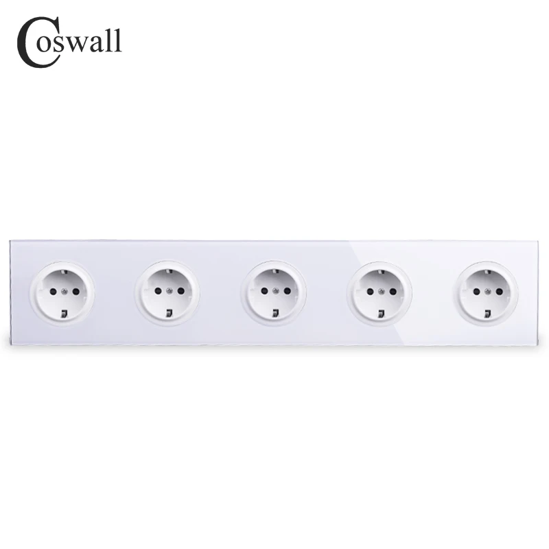 

Coswall Crystal Tempered Pure Glass Panel 16A 5 Gang EU Standard Wall Power Socket Outlet Grounded With Child Protective Lock