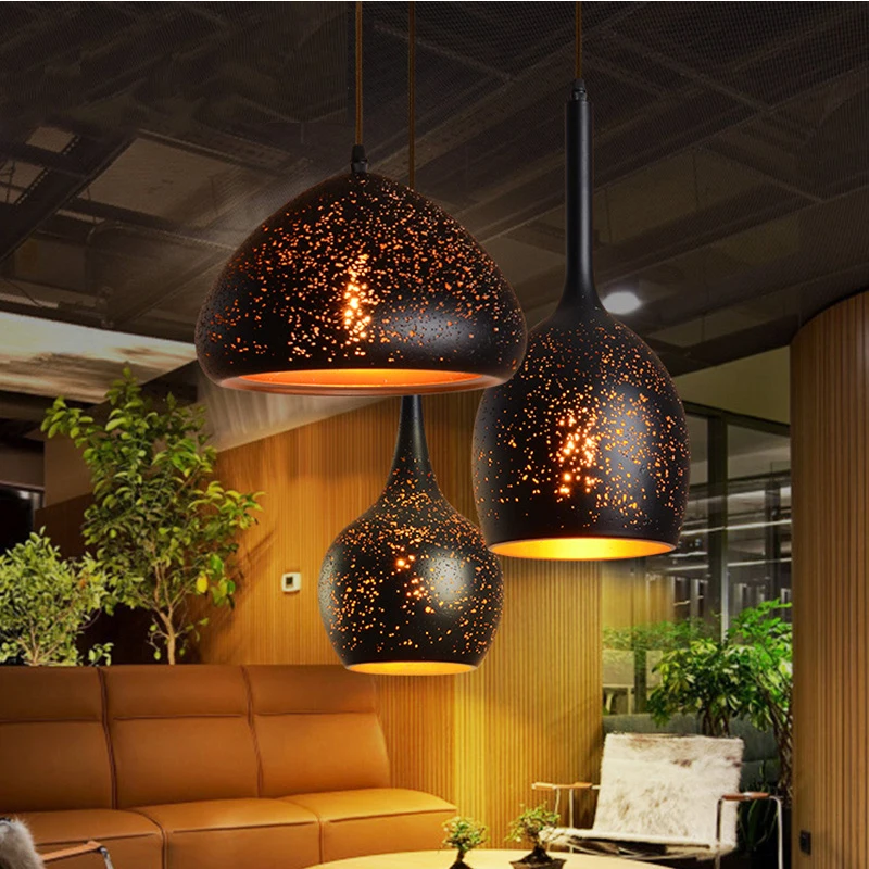 Vintage Pendant  Lamp Iron Loft Nordic Porous Retro E27 Etching Lampshade Bar Restaurant Lamp Industrial Wind Rust Pendant Lamp