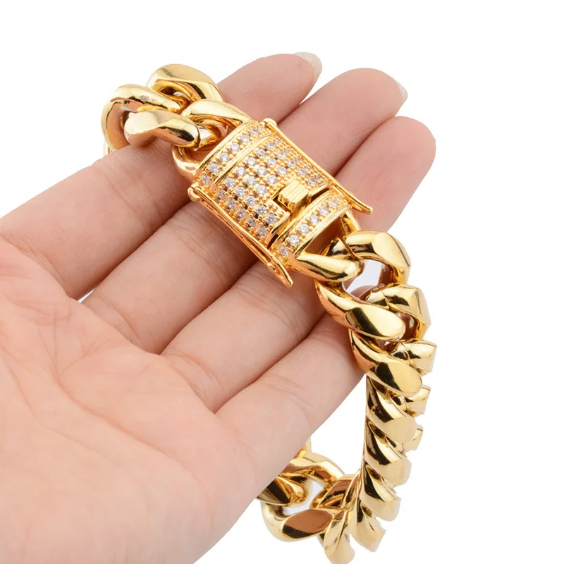8/10/12/16/18mm CZ Zircon Stone Pave Stainless Steel Cuban Miami Chain & Link Bracelets for Male Boys Hip Hop Rock Jewelry
