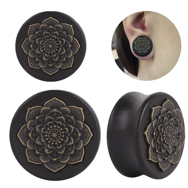 1PCS Natural Wood Ear Plugs Mandala Flower Tunnels Gauges Ear Piercing Expanders Body Earring Jewelry Black