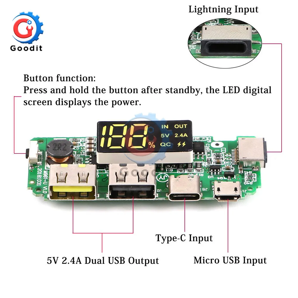 

QC Fast flash LED Dual USB Micro Type C Light Power Bank 18650 lithium Charger Board Overcharge Overdischarge Circuit Protection