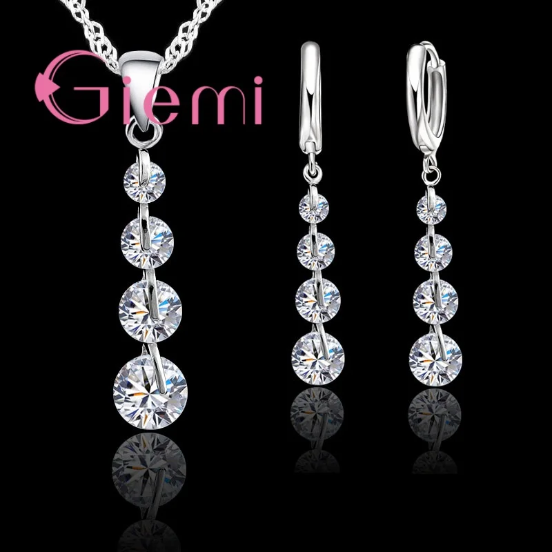 Real Romantic 925 Sterling Silver Cubic Zirconia Crystal Pendant Necklace Earrings Jewelry Set For Women Choker Wedding