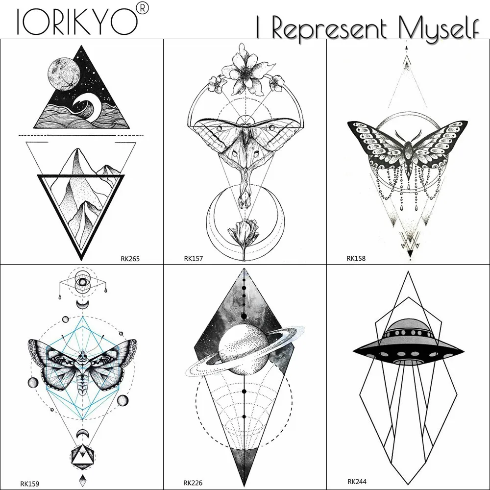 IORIKYO Geometric Triangle Planet Temporary Tattoo Women Fashion Black Moth Waterproof Tatoos Men Moon Arm UFO Tattoo Sticker