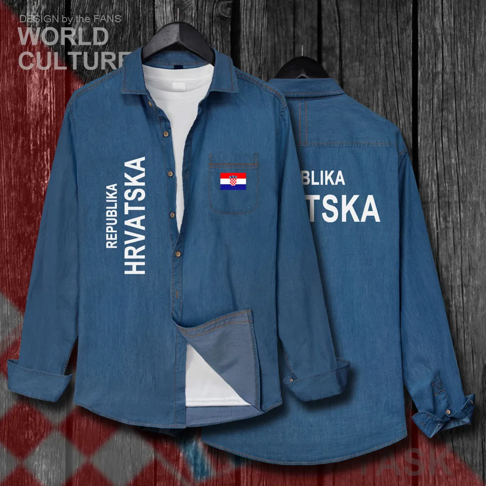 Croatia Hrvatska Croatian HRV Croats Men Clothes Spring Autumn Turn-down Collar Jeans Shirt Long Sleeve Cowboy Coat Flags Tops