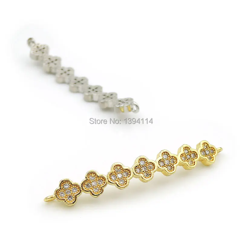 40*6*3mm Micro Pave Clear CZ Arc Bar Of 7 Clovers Connector Fit For Women As DIY Bracelets Accessory