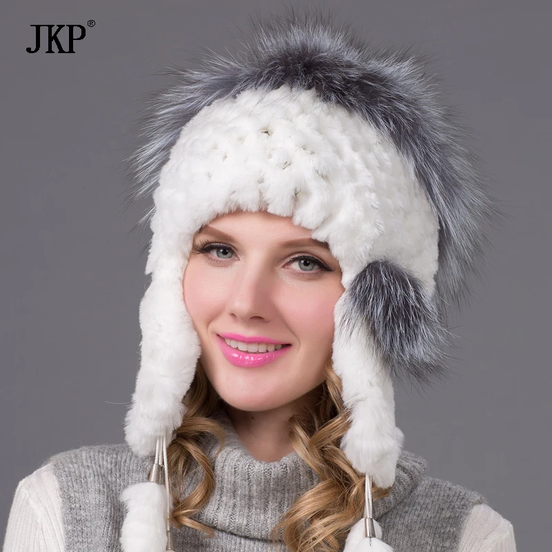 New Real Rex Rabbit Fur Women's Autumn And Winter Warm Caps Ear Fox Fur Ball Jewelry Fashion Rabbit Fur Knit Hat Female THY-11