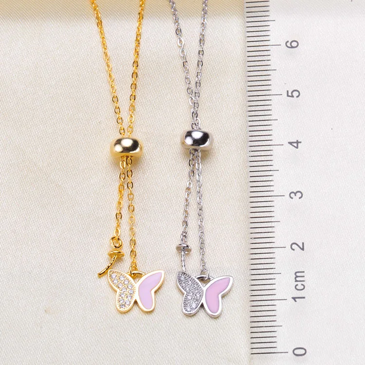 S925 Sterling Silver Pink Butterfly Pearl Pendant Necklace Findings Women DIY Butterfly Chain Accessory 3Pcs/Lot