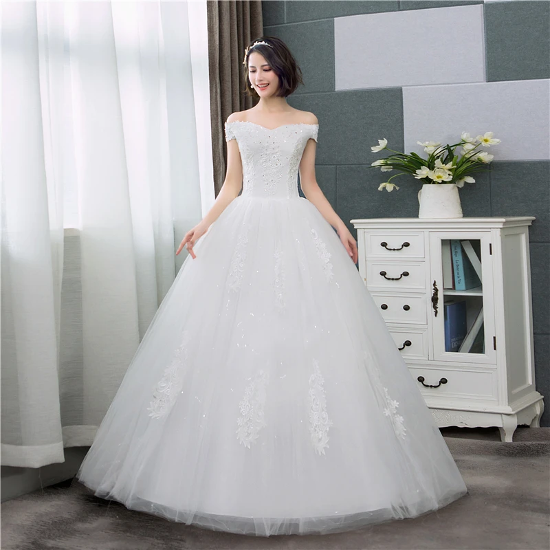 Tanie koronkowe suknie ślubne 2020 dekolt w szpic off the shoulder Tulle w stylu koreańskim naszycie ślubne suknie ślubne Robe De Mariage