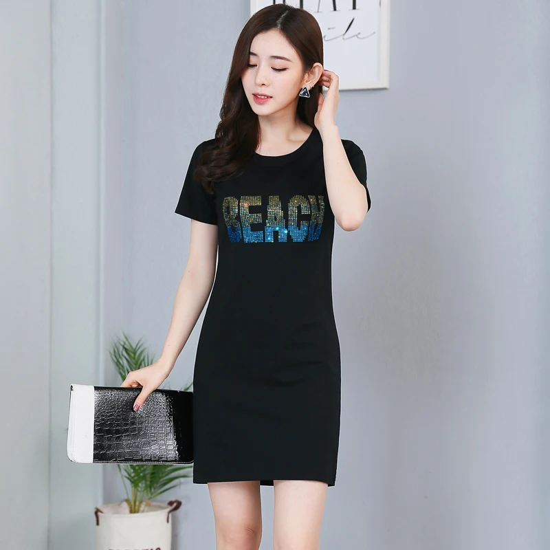 Camiseta de manga corta para mujer, vestido ajustado de talla grande con estampado de letras de cristal, Top básico de algodón, novedad de verano 2018