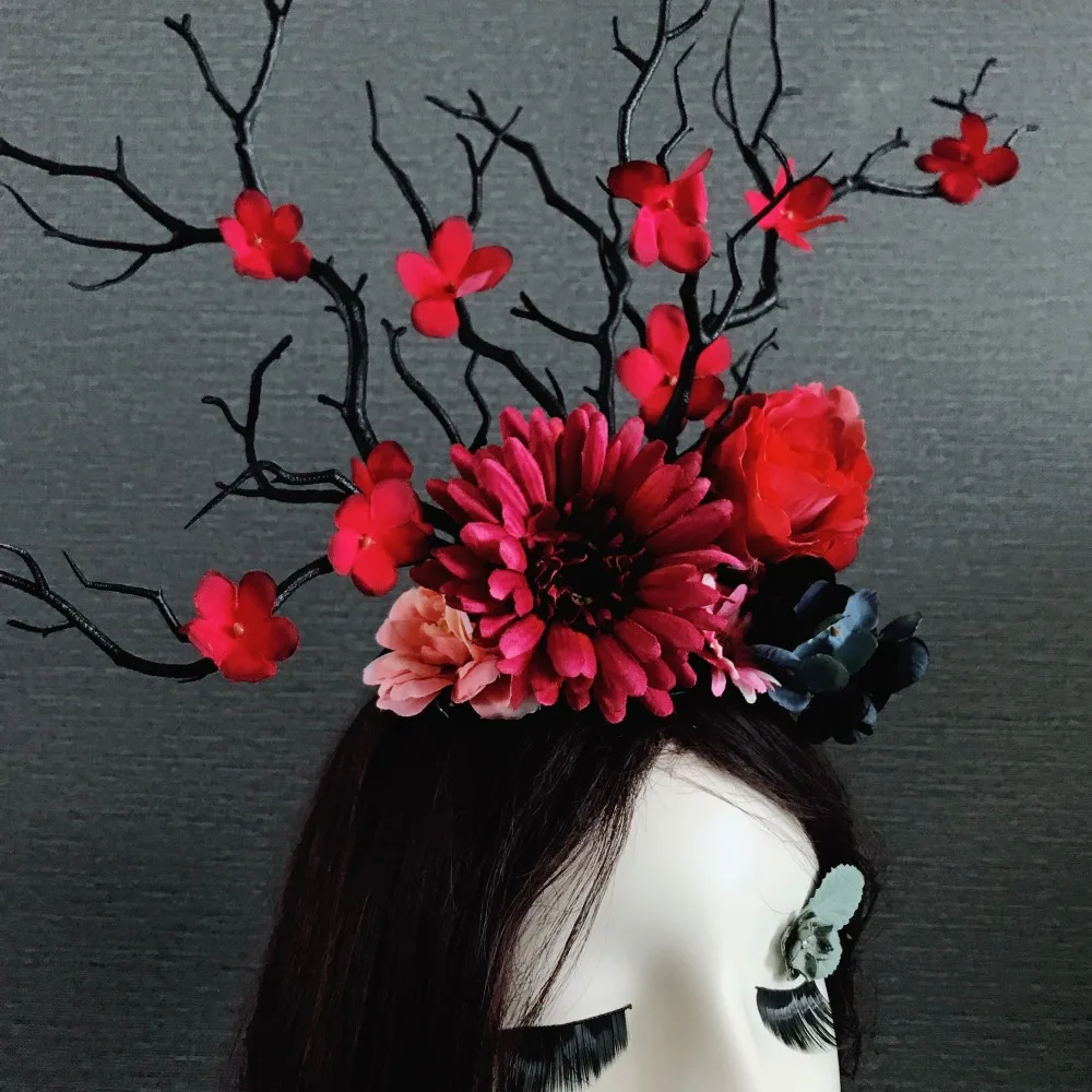 

6 Designs Mori Branches Exagerate Stage Show Hair Tiara Thematic Photography Hair Piece Black Witches Deer Horn Hat