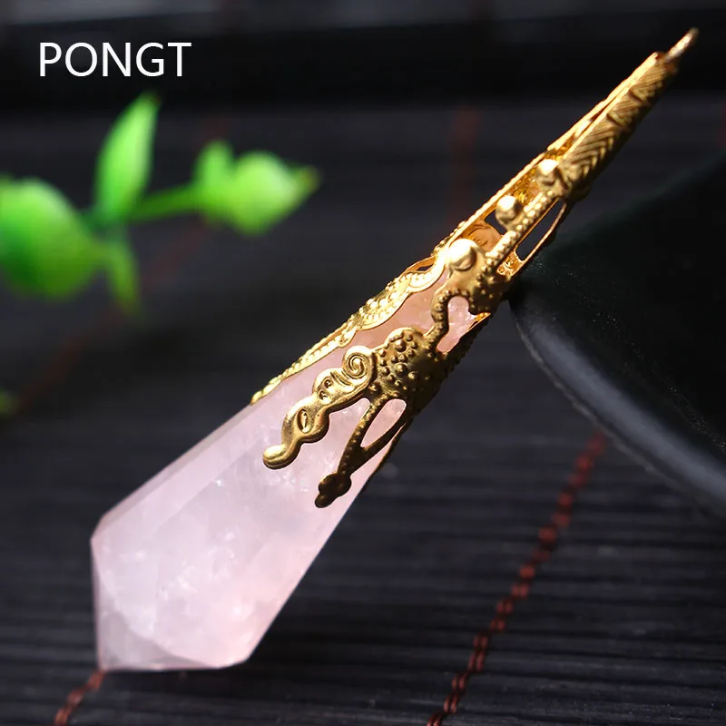 Hot sale reiki rose crystal pendulums for dowsing healing crystals Chakra pendulum charms necklace filigree pendant jewelry