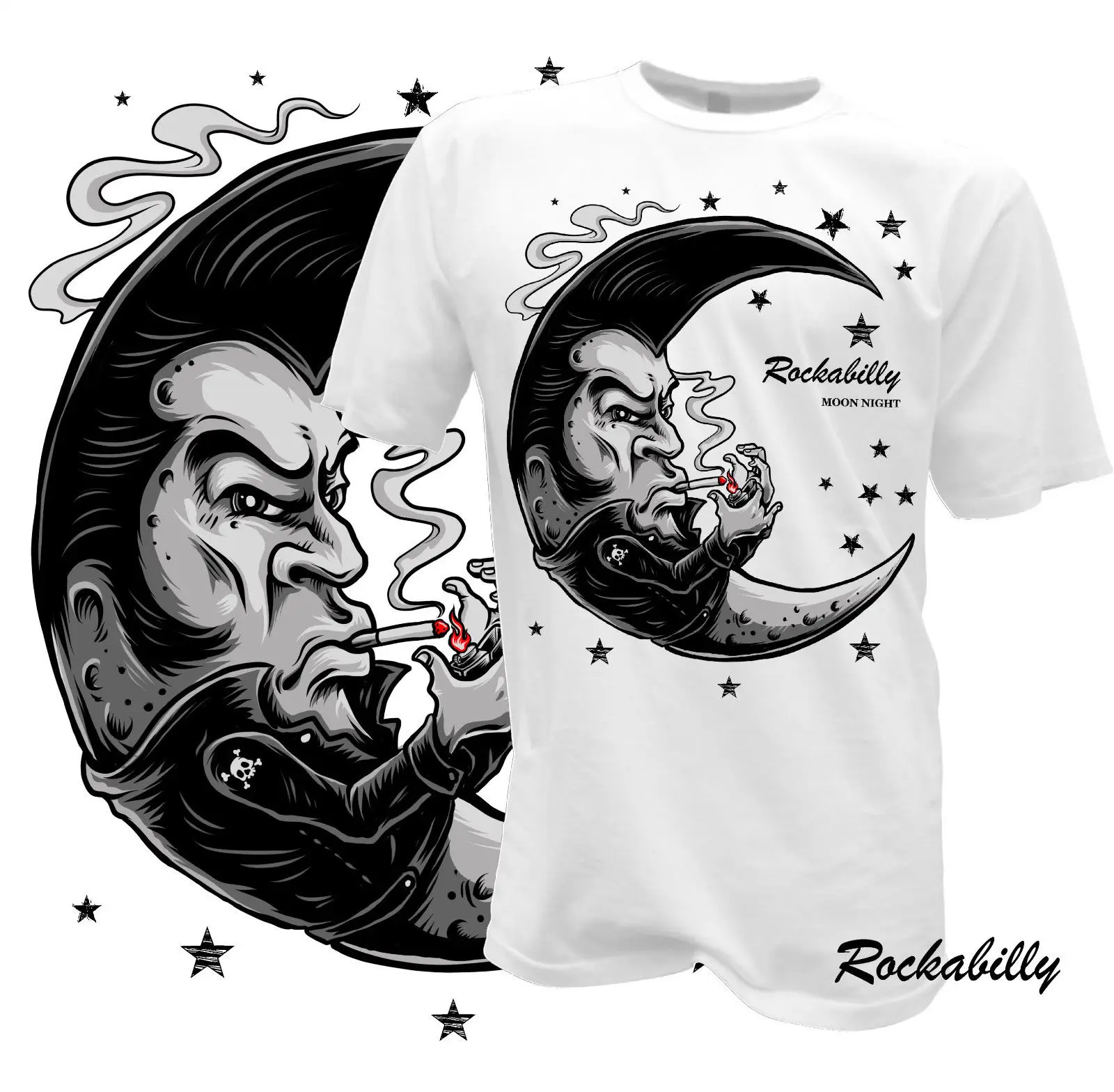 100% baumwolle für Mann Shirts T-Shirt Rockabilly Mond Sterlingsilber-stille "50'sfifties Vintage Rock N Roll Tattoo Schädel Druck T Shirts