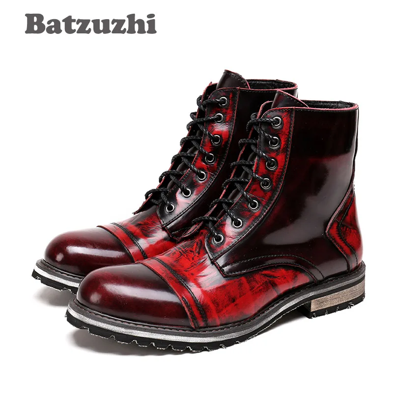 

Batzuzhi 2018 Autumn Winter Men's Boots Wine Red Mid-Calf Leather Boots Men British Leather High Boots for Men Zapatos Hombre