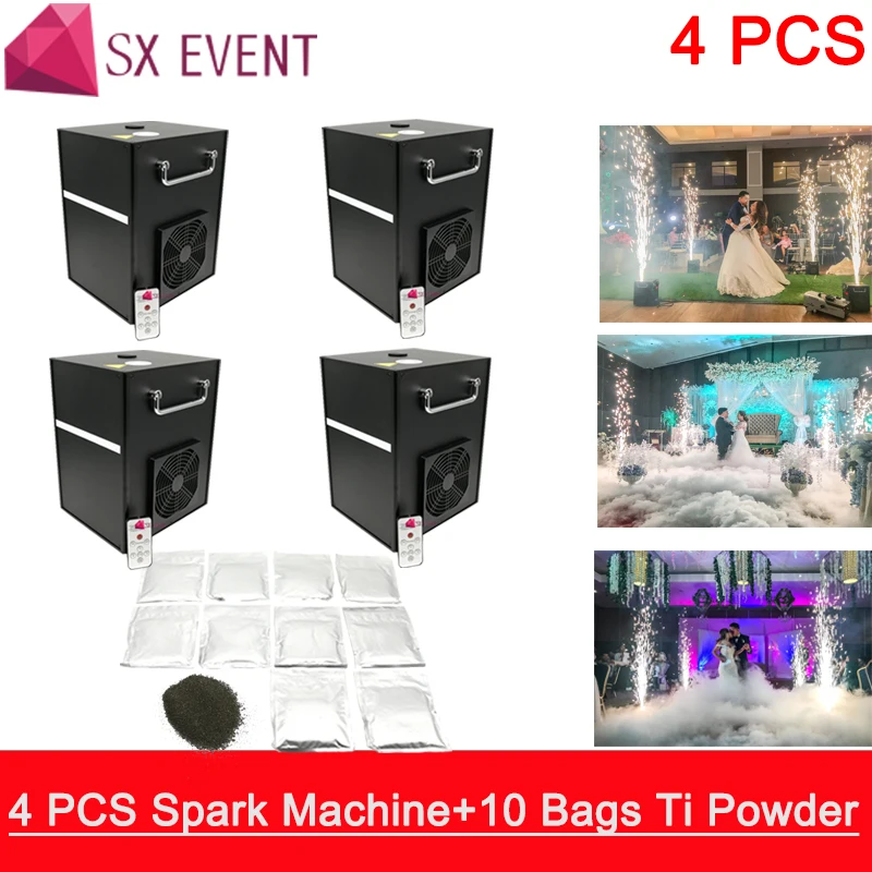 (4PCS+10bags) Powder 400W Cold Spark Firework Machine Dmx Remote Control Smokeless Stage Effect Wedding FX Machine