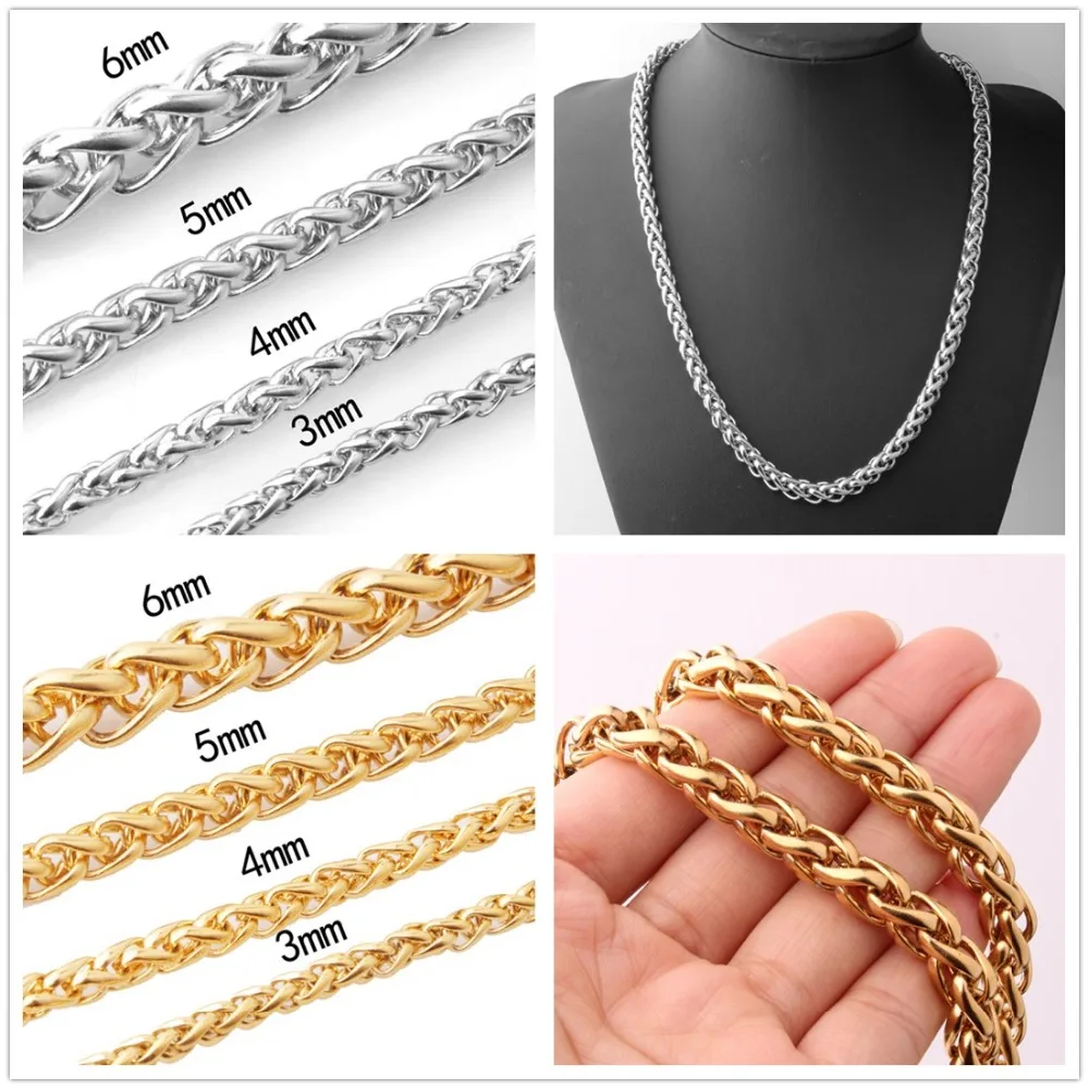 3/4/5/6/7MM Charming Stainless Steel Silver Color/Gold Braided Wheat Link Chain Men Women Necklace Or Bracelet 7-40