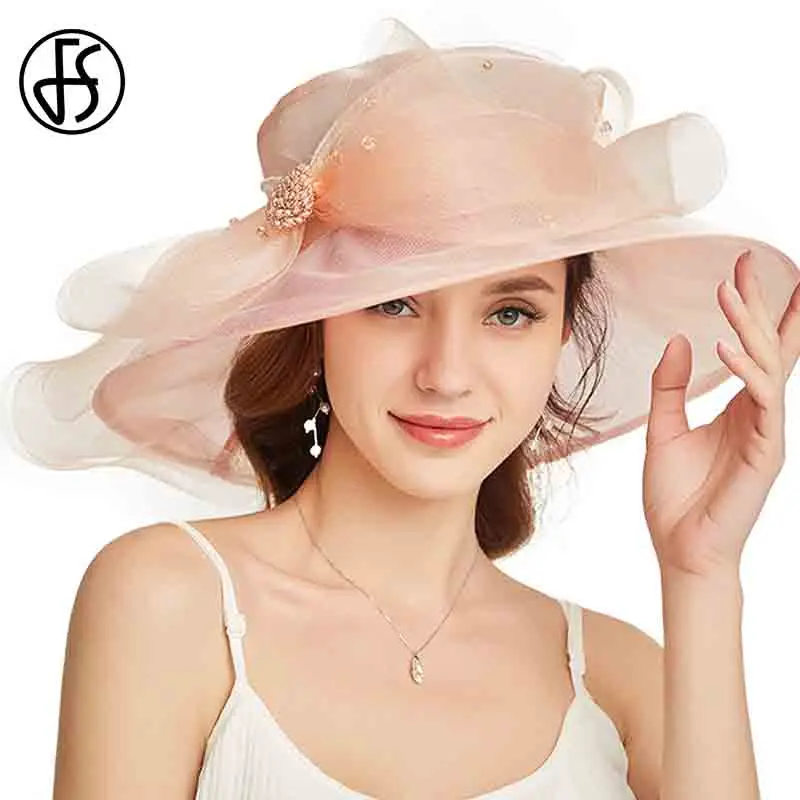 FS Beige White Organza Wide Brim Sun Hats For Women Church Hats Women Elegant Kentucky Derby Hat Ladies Big Bow Fedora