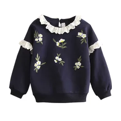 2025 Spring Autumn 2 3 4 Years 90-110cm Children Clothes Lace Patchwork Tops Long Sleeve Baby Kids Girls Embroidery Sweatershirt