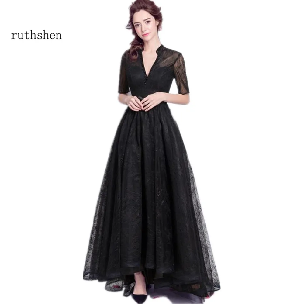 

ruthshen Black Evening Dresses 2023 Half Sleeves Lace Sexy V-Neck Long Prom Dress Cheap Ladies Formal Party Gowns