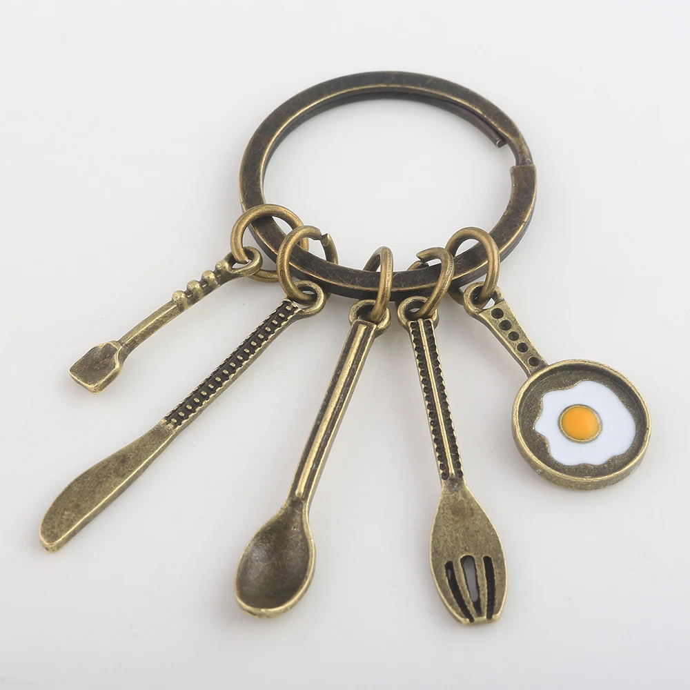 RJ Fashion Creative Kitchen Tools Chef Souvenir Gift  Keychain Bronze Soup Spoon Knife Fork Pan Egg Pendant Mother's Day Keyring