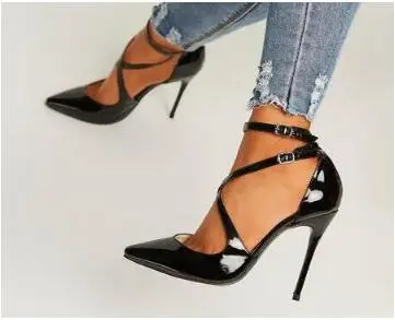 

New 2019 Patent Leather Pointed Toe High Heels Pumps Gladiator Women Shoes Sexy Buckle Strap Large Size Lady Dress Shoes Office