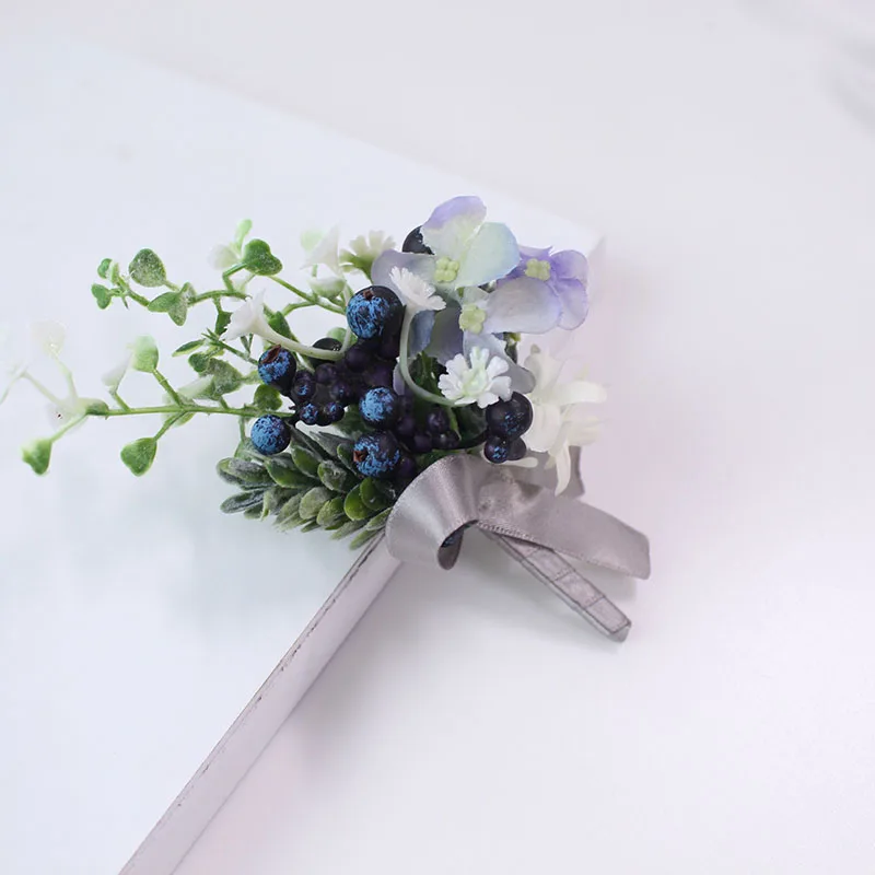 Romantic White Wedding Boutonnieres and Wrist Corsage Silk Rose Hand Flowers Bridesma Wrist Flower Blue Bridal Bouquet Accessory