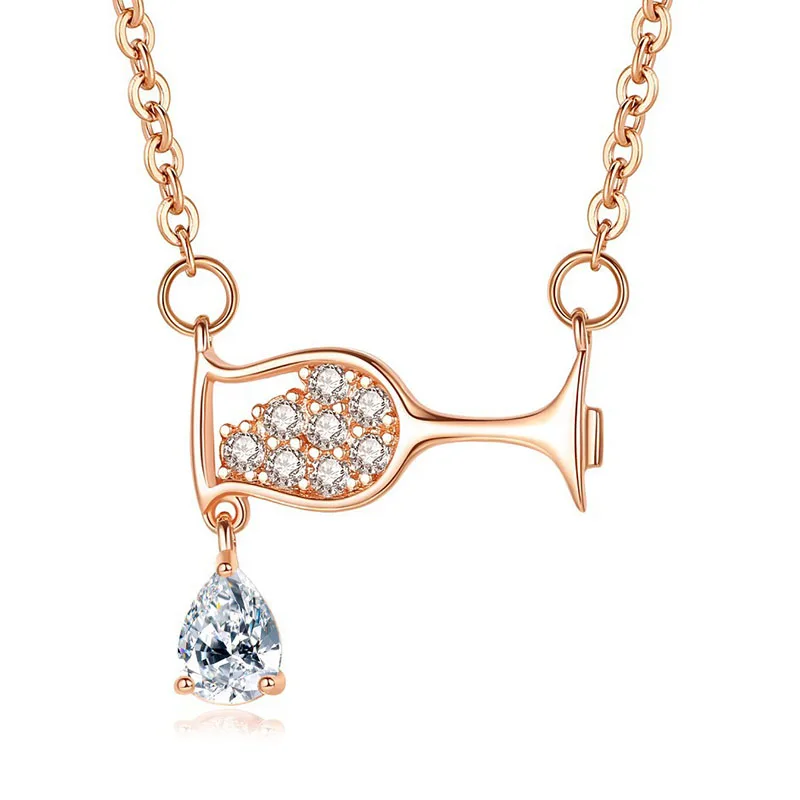 Gold Color Chain Cute Wine Glass Pendant Necklace for Women AAA Zircon Crystal Wine Cup Charm Necklace Choker Dropshipping