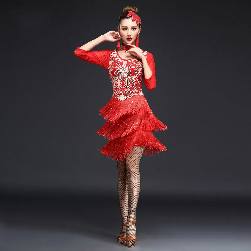 New style Latin dance costume female adult tassel dress dance exercise clothing sequins Latin dance costumes