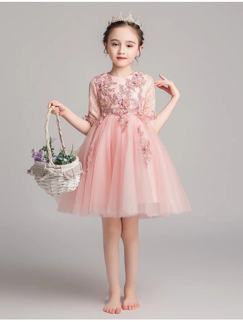 Appliques Tulle Girls Party Dress Flower Girl Dresses For Wedding Long Kids Pageant Princess Costume First Communion Gowns