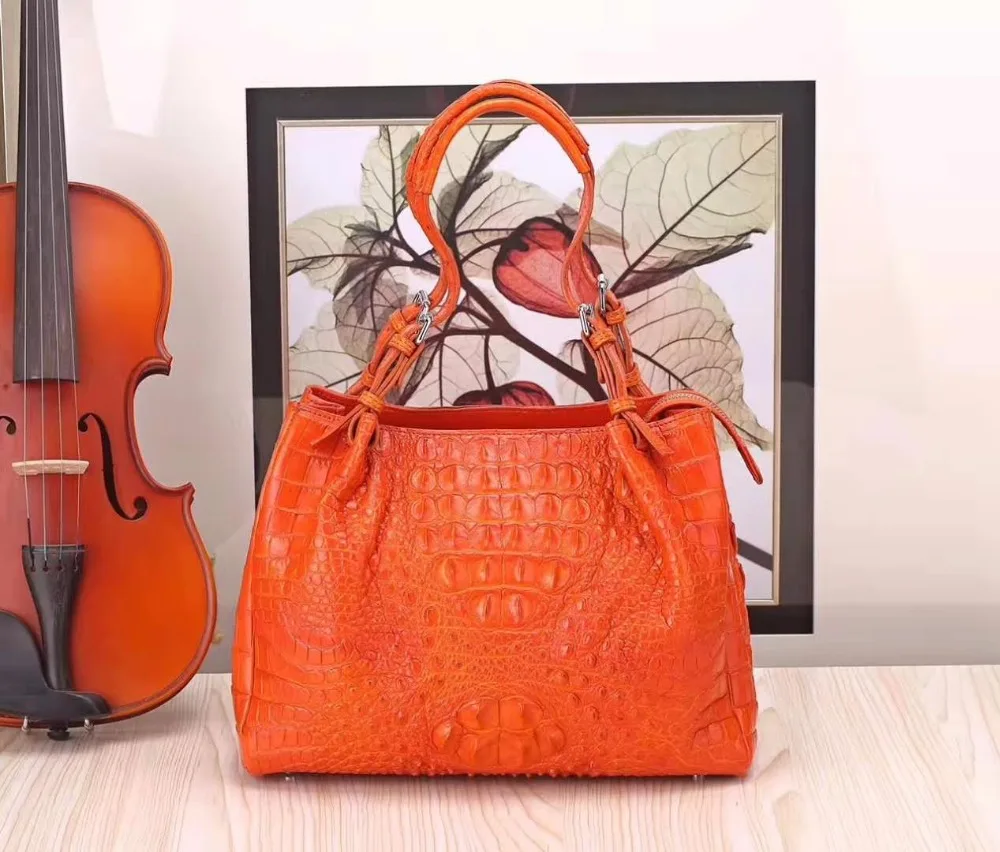 

2018 new design fashion high end quality 100% real genuine crocodile skin women tote handbag orange color crocodile head skin