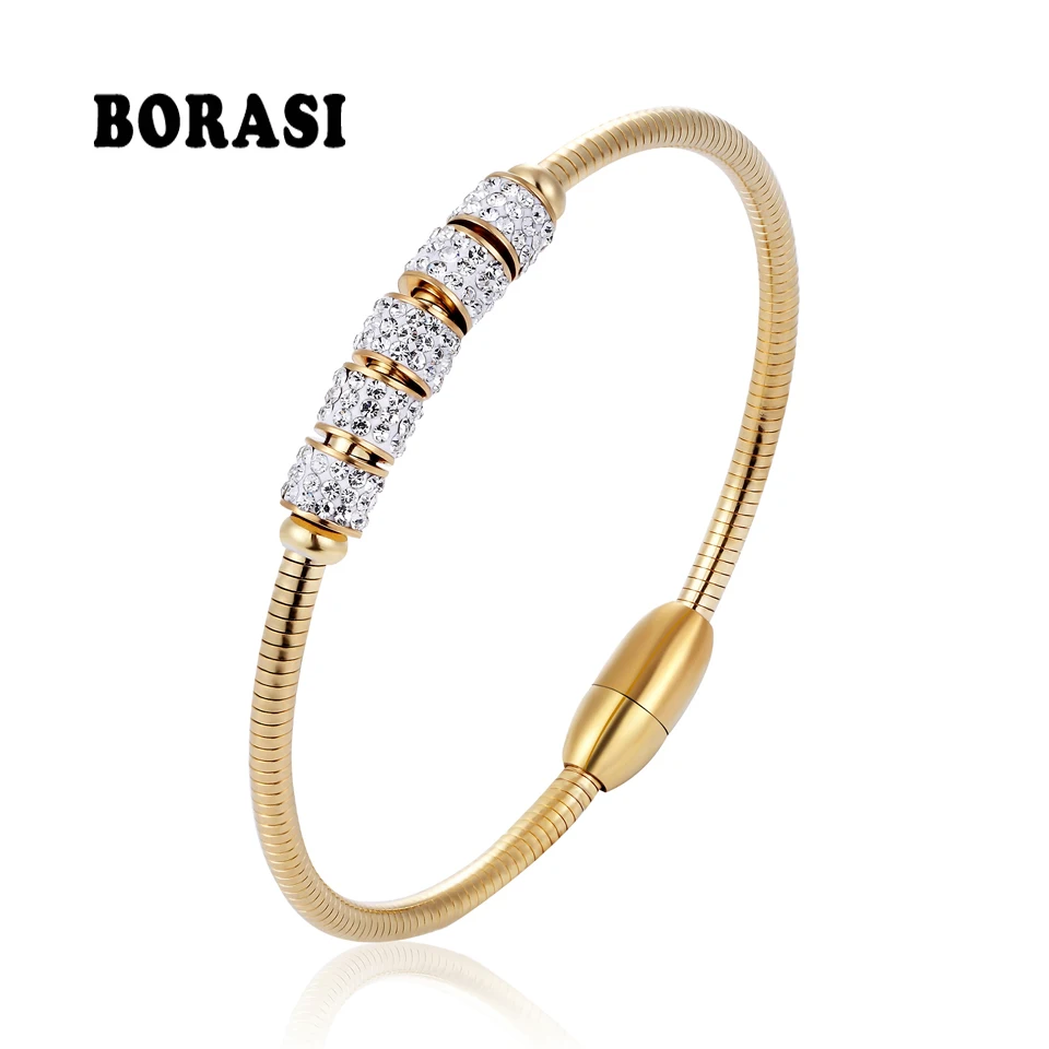 BORASI Surface Crystal Adjustable Cubic Zircon Bracelet Bangle Jewelry Rose Gold Color Stainless Steel Charm Bracelet For Women