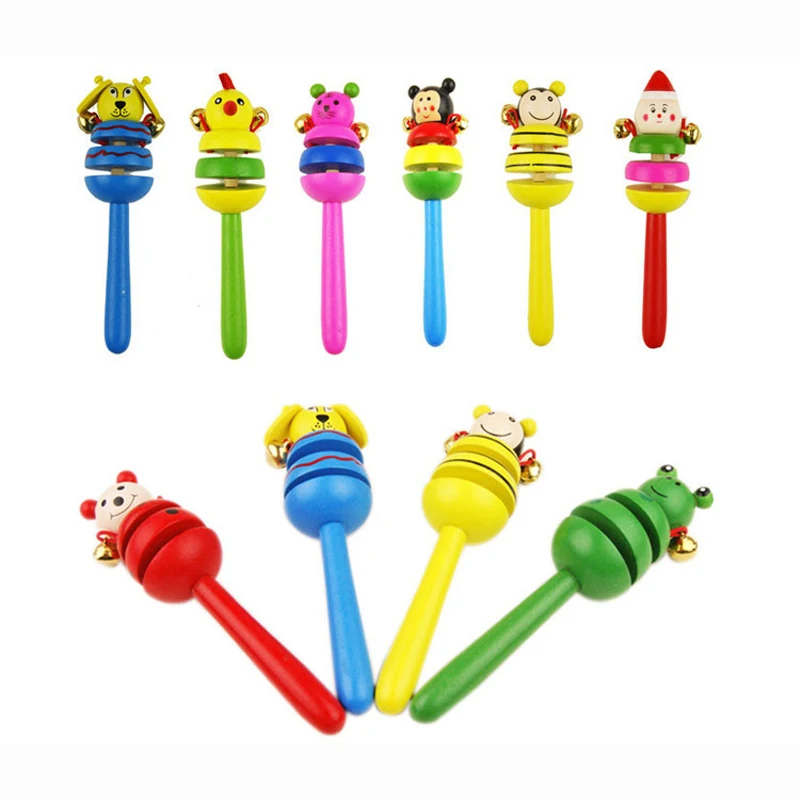 Baby Attention Toy Ring Bell Cute Wooden Cartoon Baby Rattles Colorful Handheld Exercise Baby Hearing and Eyesight Tool