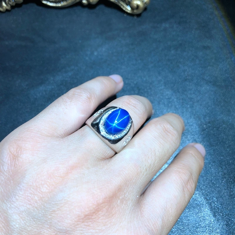 classic shiny blue Star Sapphire ring for men silver ring  mascular strong power men ring  fine jewelry 925 sterling silver gift