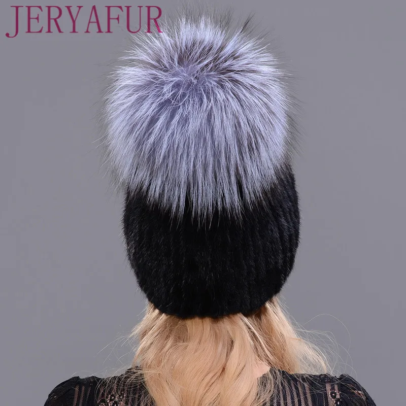 Real Mink Fur Hat For Winter Women Imported Knitted Mink Cap With Fox Fur New Hot Sale High Quality Female Beanies