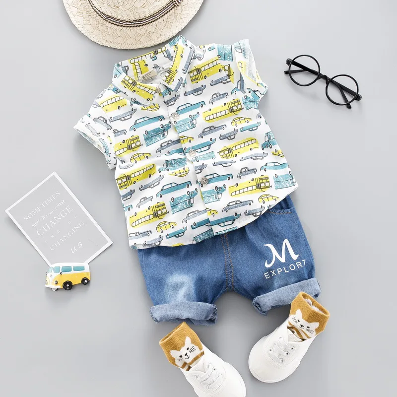 Toddler Boy Clothing Set Baby Car Print Baby Clothes Short Sleeve Shirt Jeans Kids Outfit 1 2 3 4 Kids Summer Fashion Outfit