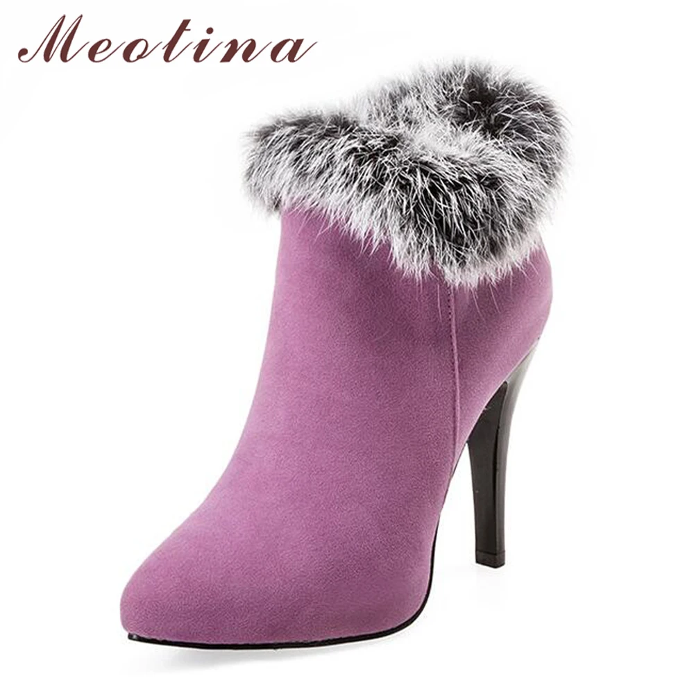 Meotina Shoes Women High Heels Ankle Boots Winter Boots Fur Platform High Heels Ladies Boots Zip White Purple Big Size 11 44 45