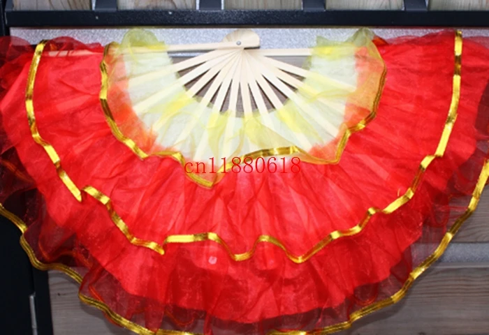 

50pcs/lot Free shipping 3 layer golden edge Hand Made Belly Dance Dancing Silk Bamboo Fans Red pink colors