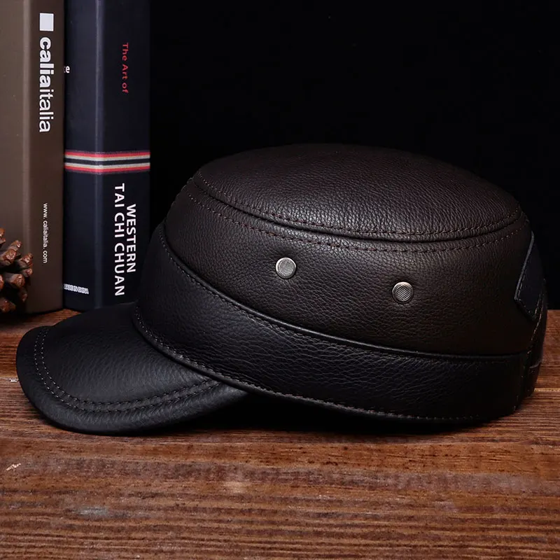 HL088 Men\'s Genuine Leather Baseball Caps New Brand New Winter Warm Russian Real Leather Caps