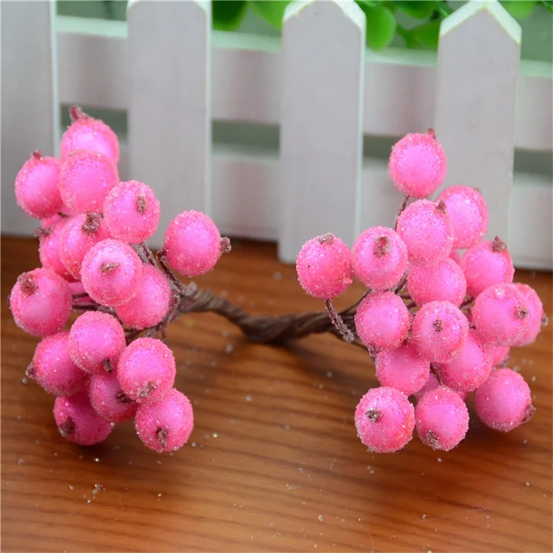 40pcs/80heads Mini Artificial Fruit Fake Double Heads Glass Berries Red Cherry Bouquet Stamen For Wedding Christmas Decorative