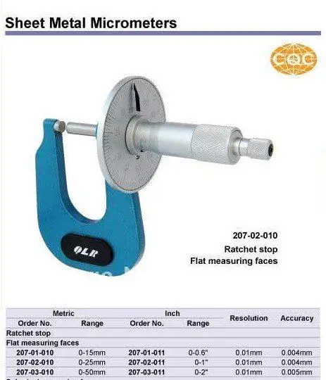 Sheet Metal Micrometers.0-50mm 0.01mm 207-03-010 Large diameter dial model enables easy and quick measurement of sheet metal thi