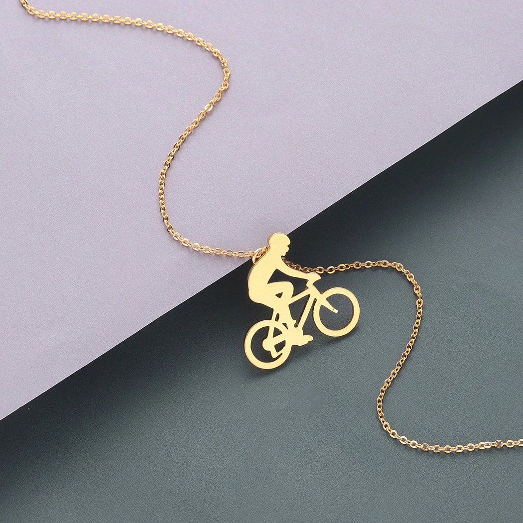 Kinitial Fashion Charm Bicycle Bike Rider Pendant Necklace for Mens Women Stainless Steel Chian Necklaces Jewelry collares