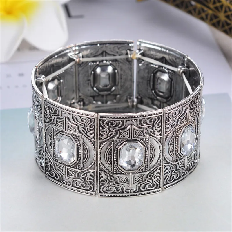 Wholesale Vintage Bracelet For Women Men Adjustable Jewelry Gold Color Alloy Crystal Bracelets Homme Ethnic Wide Bangles