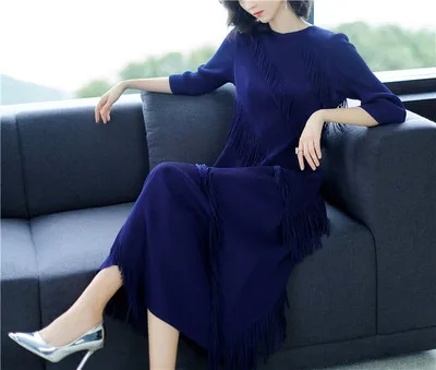 HOT SELLING Miyak The dress fashion  word loosely contracted fold collar three quarter  Exquisite detail tassel dresses IN STOCK