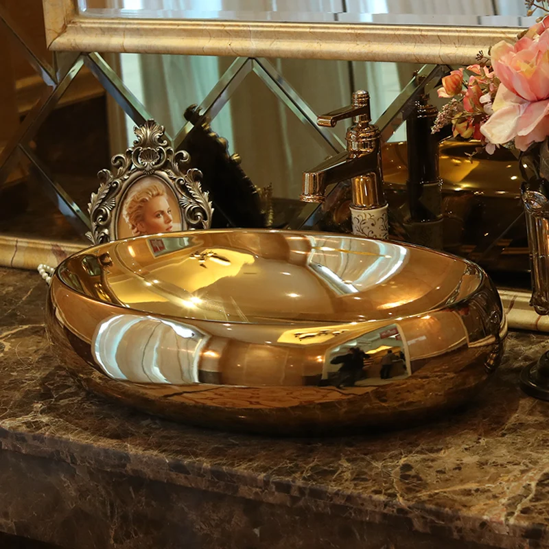 

Ceramic Counter Top Wash Basin Cloakroom Hand Painted Vessel Sink bathroom sinks art wash basin oval gold glazed